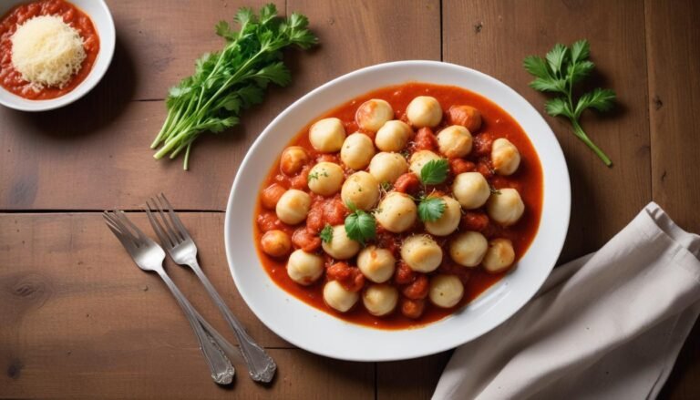 Nhoque fácil caseiro servido em prato branco com molho de tomate e queijo parmesão ralado por cima