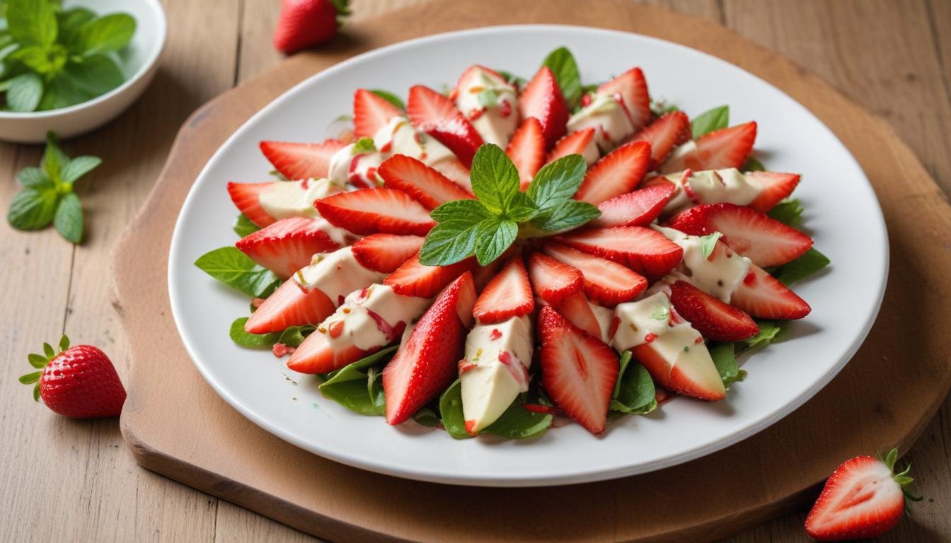 Salada chique de hortelã com kani e morangos frescos regada com molho cremoso de menta, decorada com folhas de hortelã