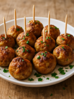 Almôndega sem açúcar para lanche em prato branco com salsinha e palitos