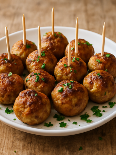 Almôndega sem açúcar para lanche em prato branco com salsinha e palitos