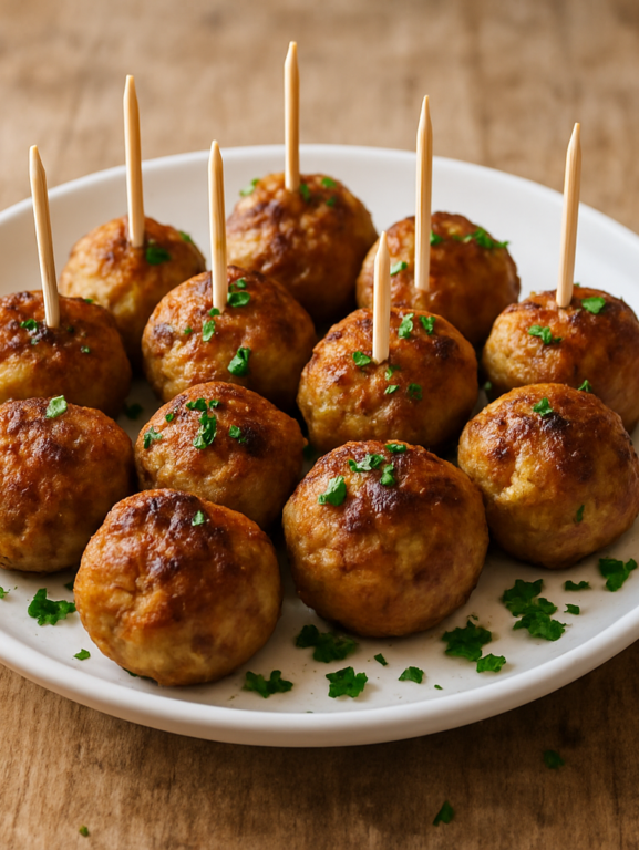 Almôndega sem açúcar para lanche em prato branco com salsinha e palitos