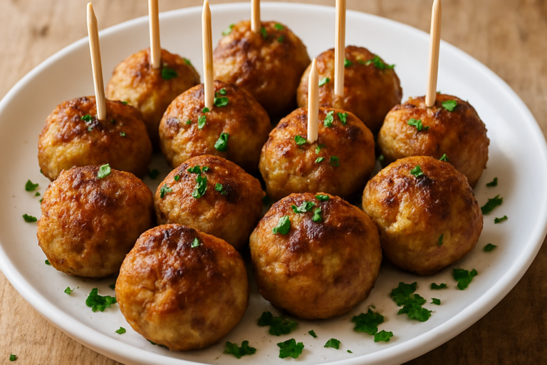 Almôndega sem açúcar para lanche em prato branco com salsinha e palitos