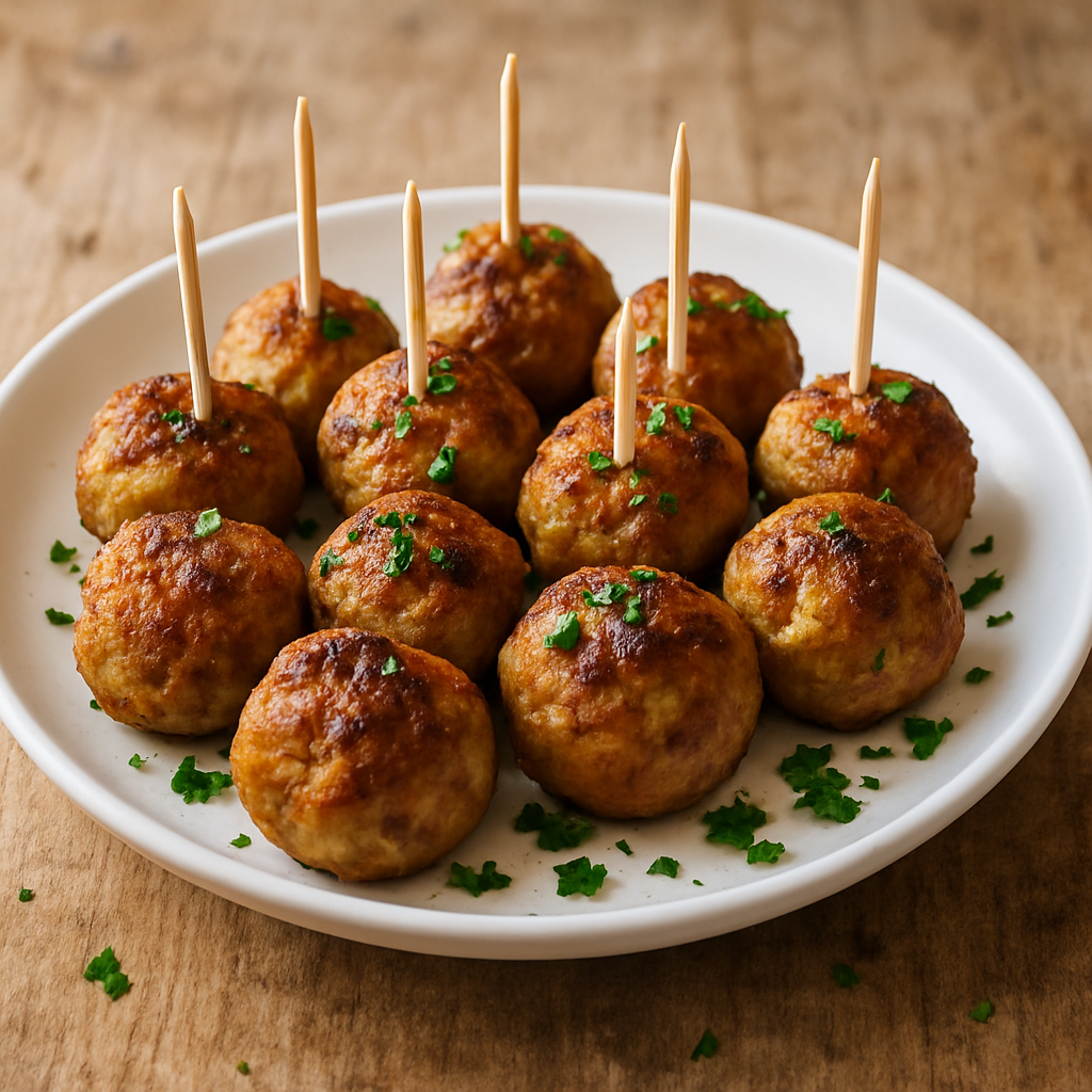 Almôndega sem açúcar para lanche em prato branco com salsinha e palitos