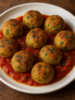 almôndegas de legumes assadas douradas com salsinha em prato branco com molho de tomate