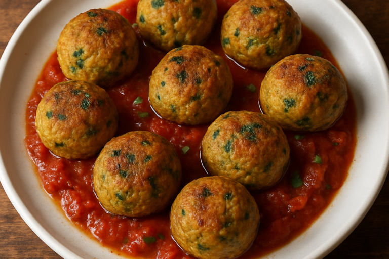 almôndegas de legumes assadas douradas com salsinha em prato branco com molho de tomate