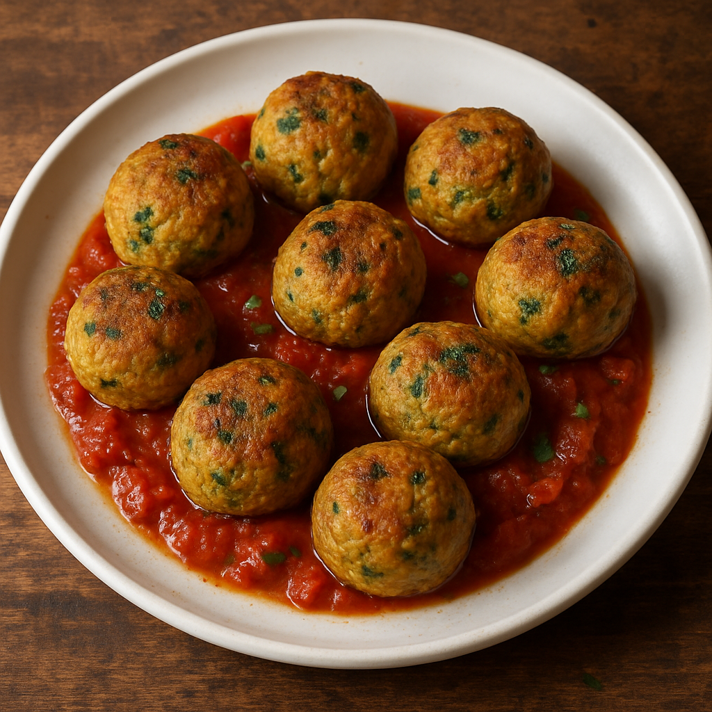 almôndegas de legumes assadas douradas com salsinha em prato branco com molho de tomate