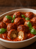 almôndegas recheadas com queijo em molho de tomate caseiro, servidas em travessa branca com manjericão fresco