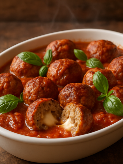 almôndegas recheadas com queijo em molho de tomate caseiro, servidas em travessa branca com manjericão fresco