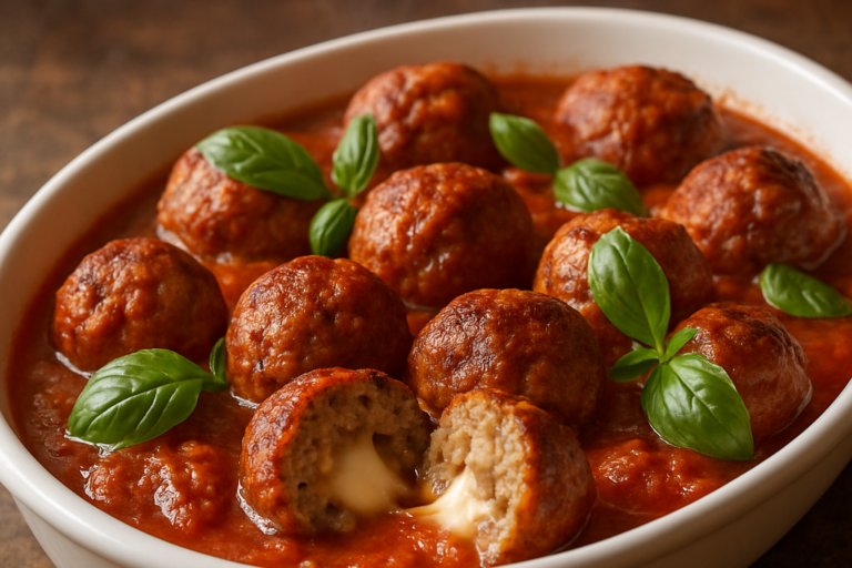 almôndegas recheadas com queijo em molho de tomate caseiro, servidas em travessa branca com manjericão fresco