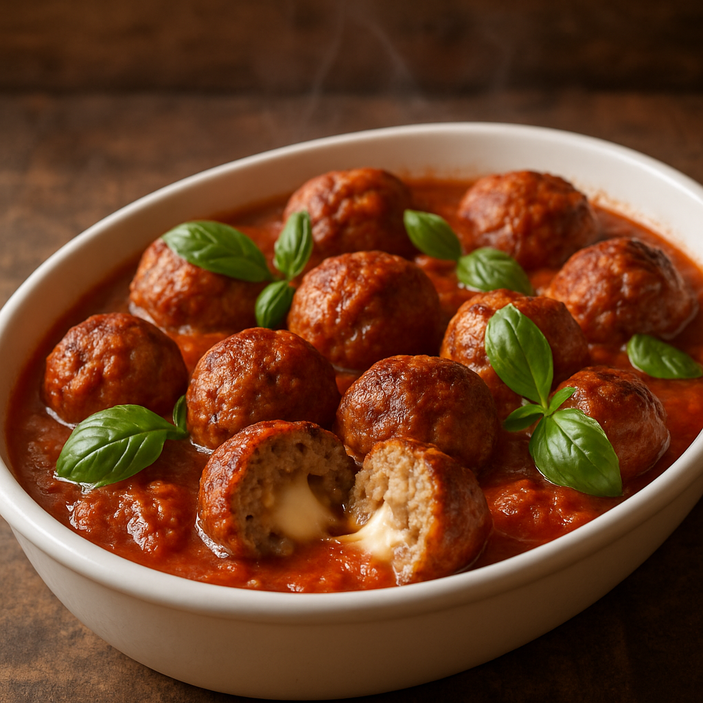 almôndegas recheadas com queijo em molho de tomate caseiro, servidas em travessa branca com manjericão fresco