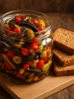 antepasto de berinjela saudável em pote de vidro com pimentão, cebola e azeitonas, servido com torradas integrais