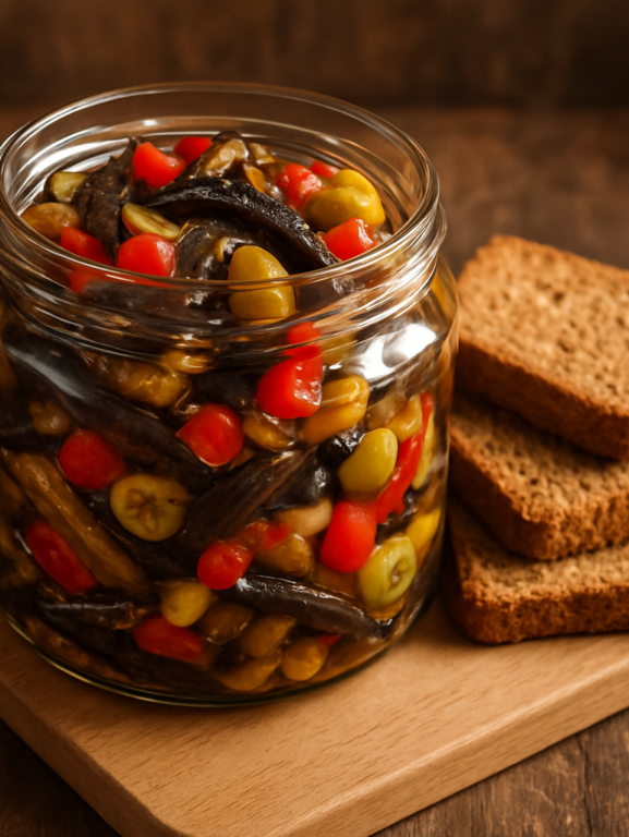 antepasto de berinjela saudável em pote de vidro com pimentão, cebola e azeitonas, servido com torradas integrais