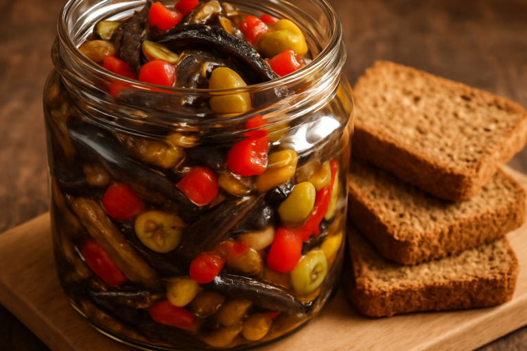 antepasto de berinjela saudável em pote de vidro com pimentão, cebola e azeitonas, servido com torradas integrais