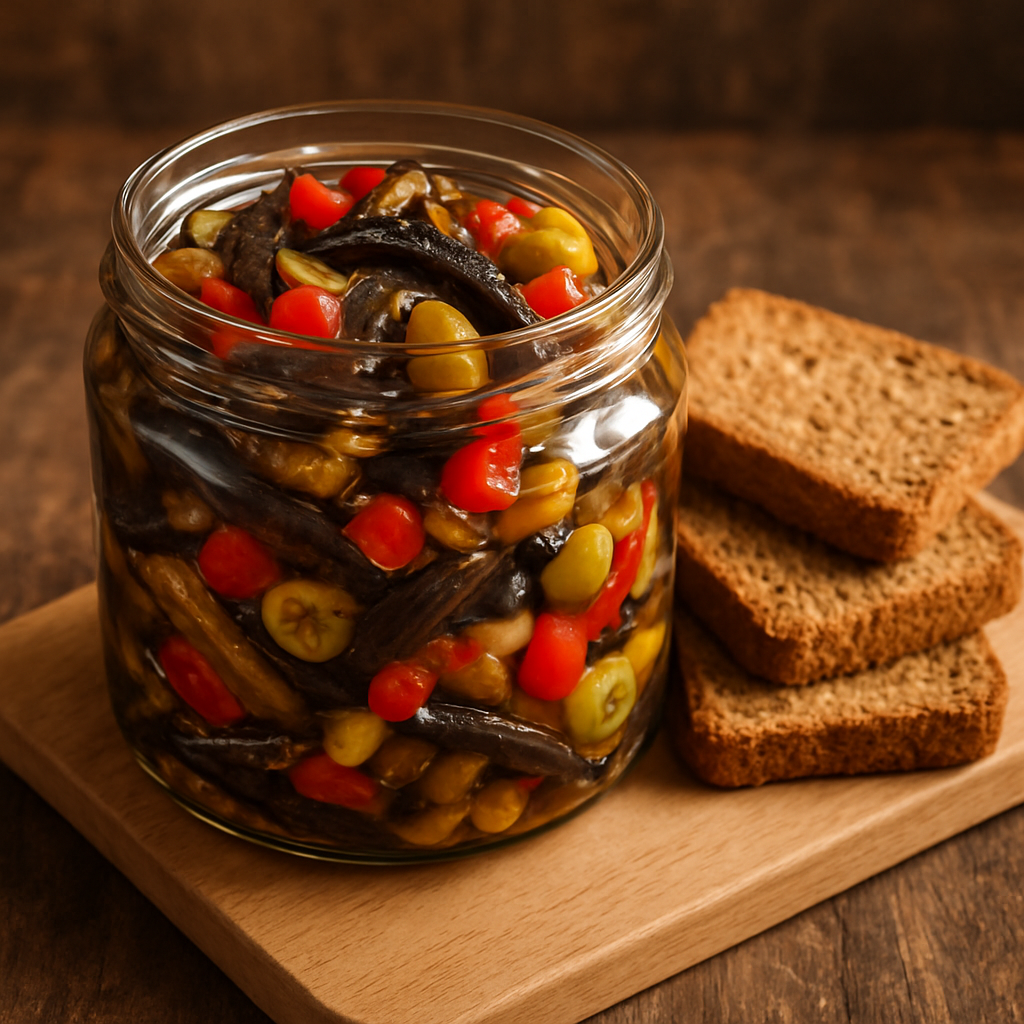 antepasto de berinjela saudável em pote de vidro com pimentão, cebola e azeitonas, servido com torradas integrais