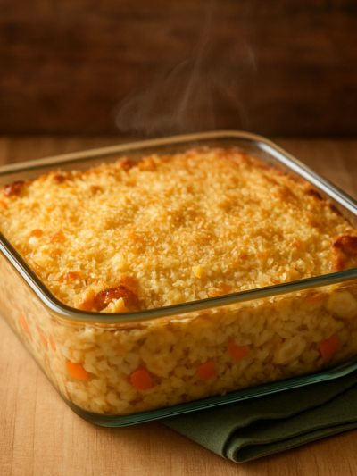arroz ao forno saudável com frango desfiado e legumes gratinado em refratário de vidro