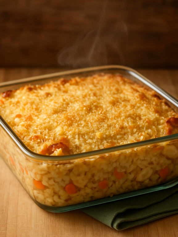 arroz ao forno saudável com frango desfiado e legumes gratinado em refratário de vidro