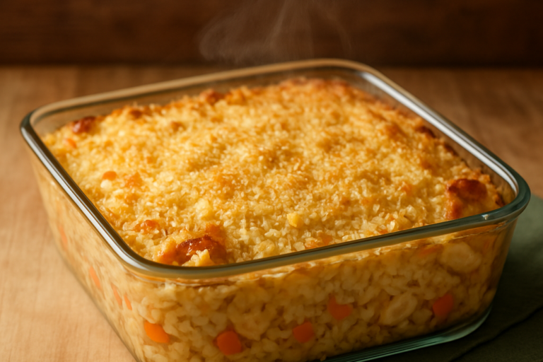 arroz ao forno saudável com frango desfiado e legumes gratinado em refratário de vidro
