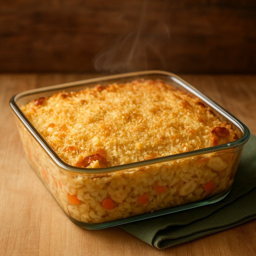 arroz ao forno saudável com frango desfiado e legumes gratinado em refratário de vidro