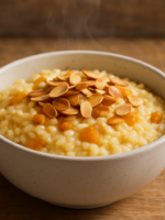 Tigela com arroz com amêndoas e creme de damasco cremoso, finalizado com lascas de amêndoas torradas