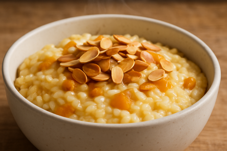 Tigela com arroz com amêndoas e creme de damasco cremoso, finalizado com lascas de amêndoas torradas