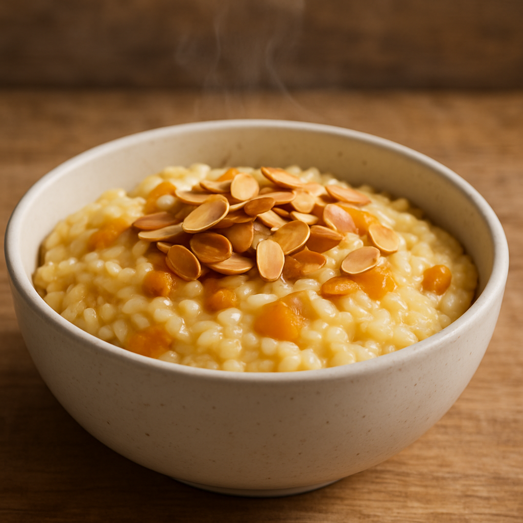 Tigela com arroz com amêndoas e creme de damasco cremoso, finalizado com lascas de amêndoas torradas