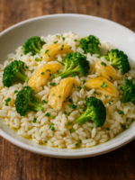 Arroz com brócolis e bacalhau desfiado servido em prato de cerâmica branca com azeite e salsinha