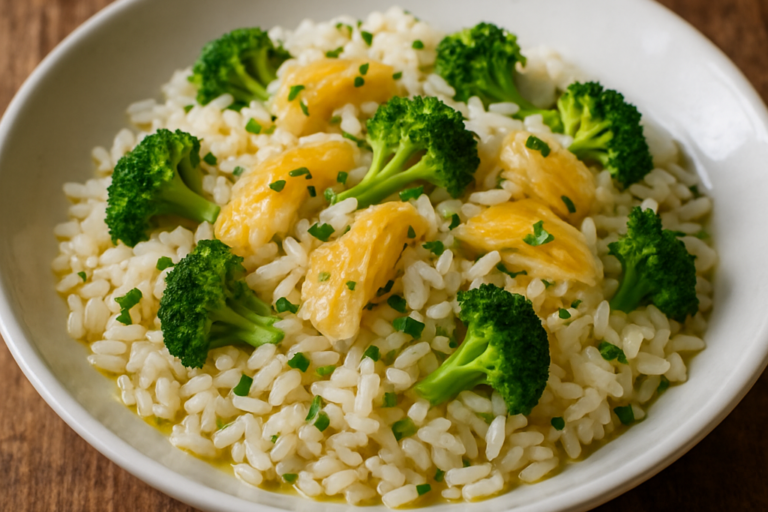 Arroz com brócolis e bacalhau desfiado servido em prato de cerâmica branca com azeite e salsinha