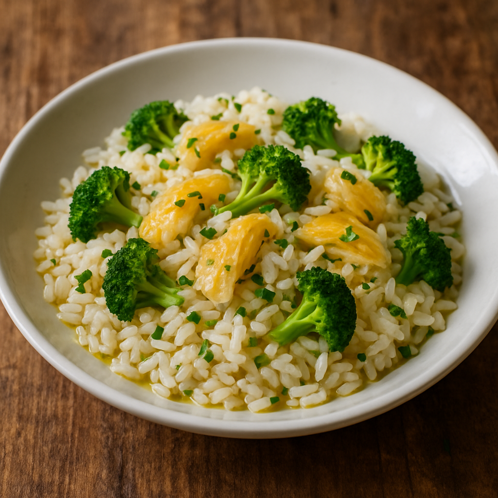Arroz com brócolis e bacalhau desfiado servido em prato de cerâmica branca com azeite e salsinha