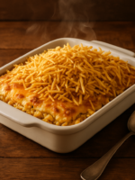 Arroz com frango cremoso gratinado com requeijão, mussarela derretida e batata palha crocante em refratário branco