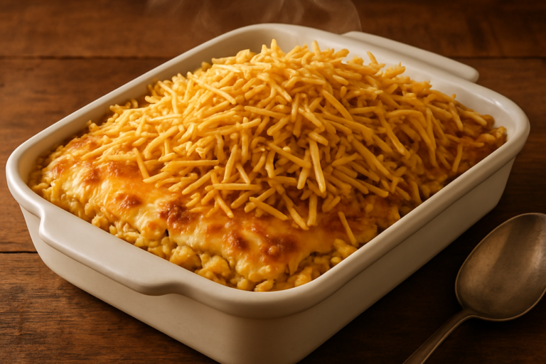 Arroz com frango cremoso gratinado com requeijão, mussarela derretida e batata palha crocante em refratário branco