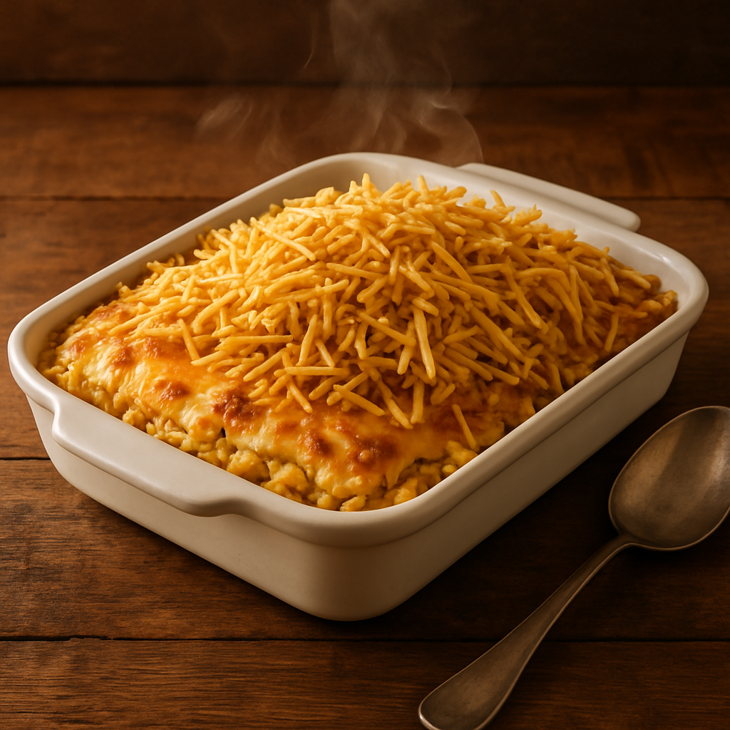 Arroz com frango cremoso gratinado com requeijão, mussarela derretida e batata palha crocante em refratário branco