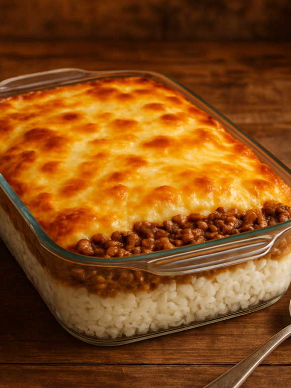 arroz de costela gratinado em refratário com camadas de carne moída, purê de batatas e queijo derretido dourado
