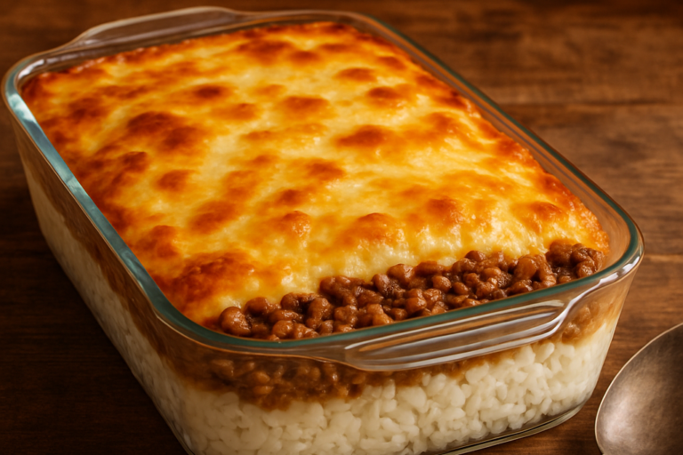 arroz de costela gratinado em refratário com camadas de carne moída, purê de batatas e queijo derretido dourado