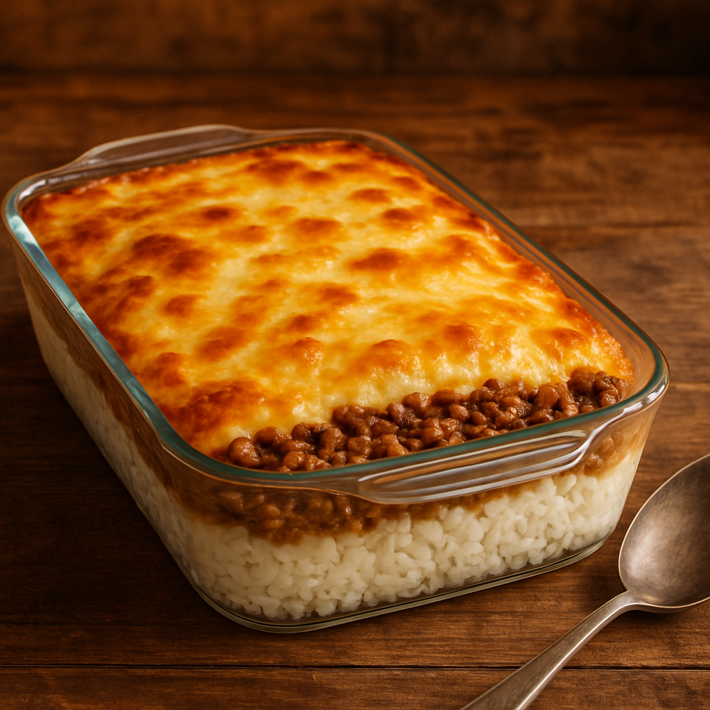 arroz de costela gratinado em refratário com camadas de carne moída, purê de batatas e queijo derretido dourado
