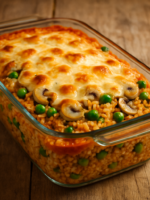 arroz de forno vegetariano gratinado com queijo dourado em travessa de vidro