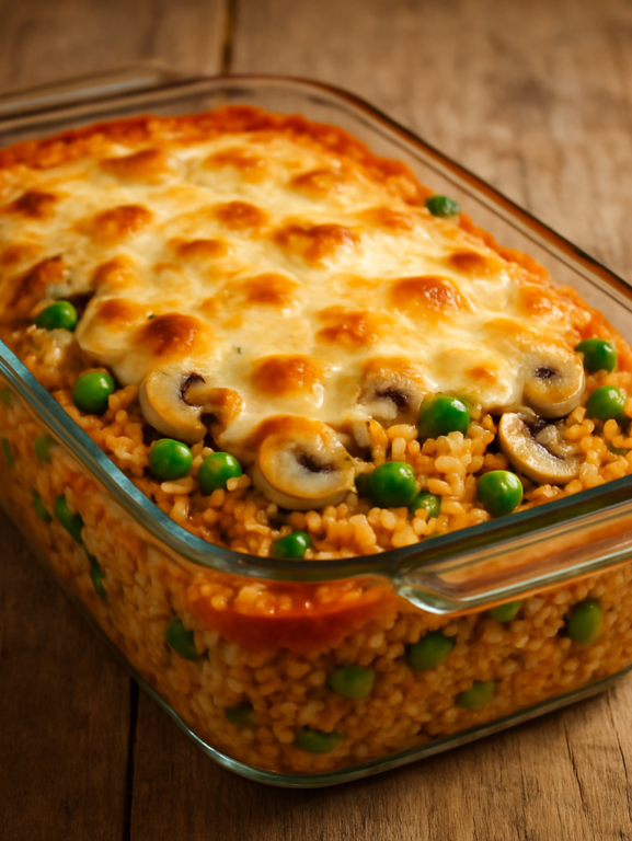 arroz de forno vegetariano gratinado com queijo dourado em travessa de vidro