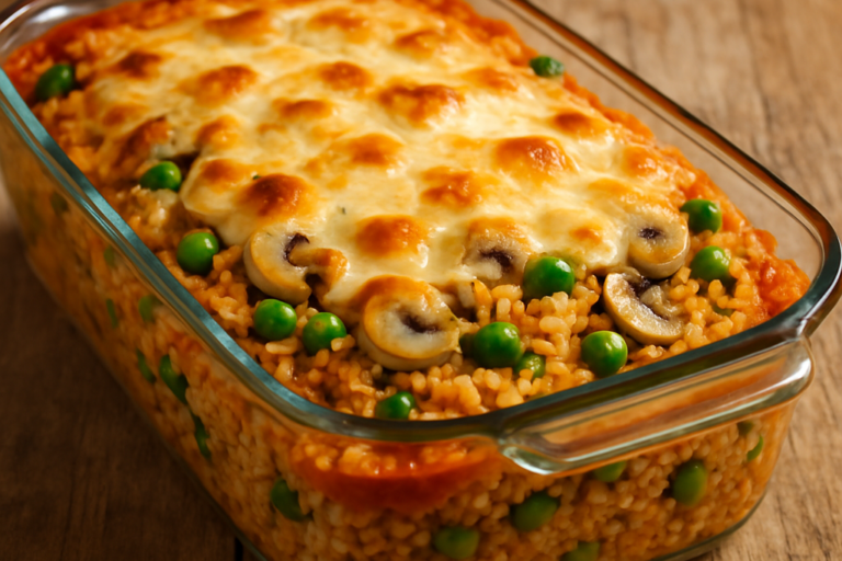 arroz de forno vegetariano gratinado com queijo dourado em travessa de vidro