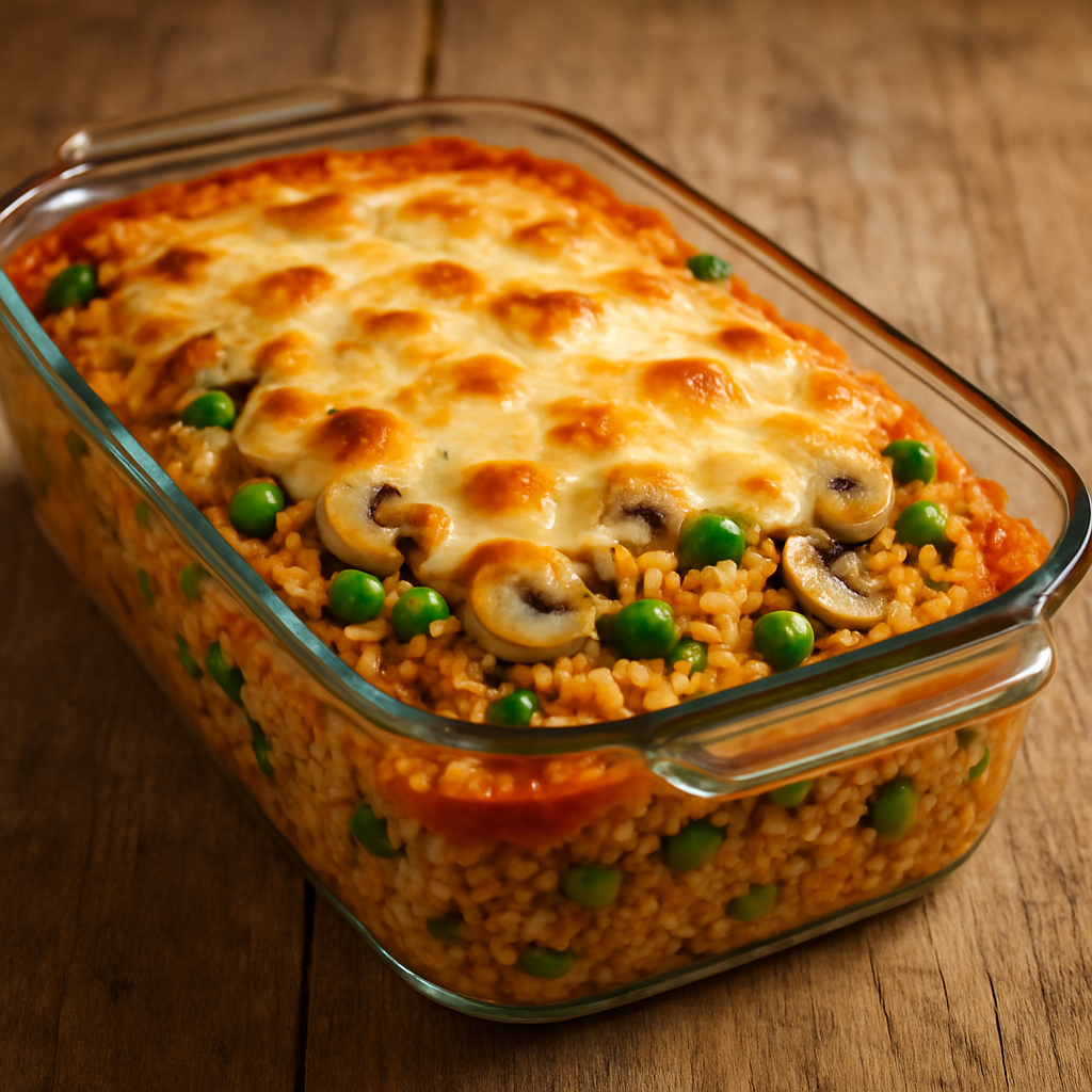 arroz de forno vegetariano gratinado com queijo dourado em travessa de vidro