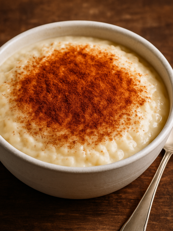 Arroz de leite à moda gaúcha servido em tigela branca com canela em pó polvilhada por cima