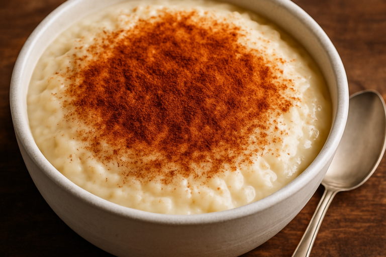 Arroz de leite à moda gaúcha servido em tigela branca com canela em pó polvilhada por cima