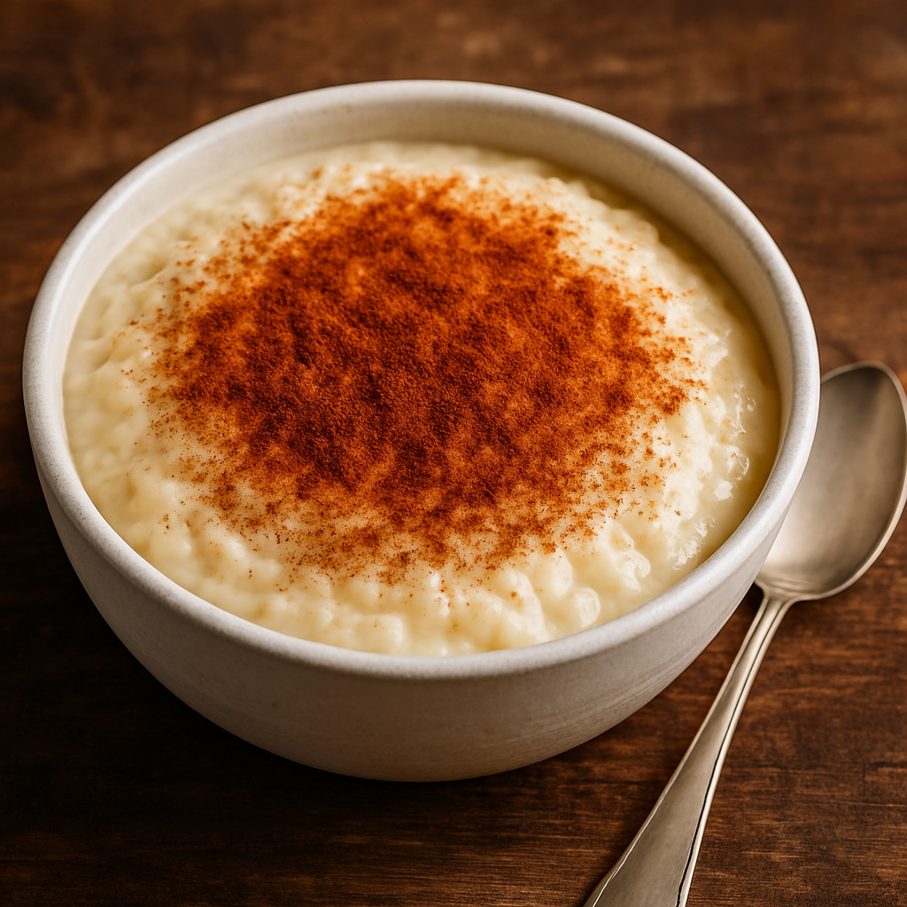 Arroz de leite à moda gaúcha servido em tigela branca com canela em pó polvilhada por cima