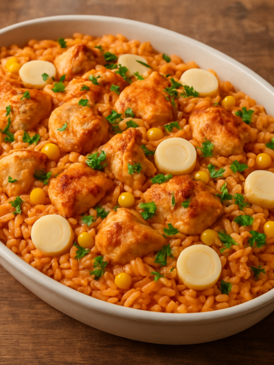 Arroz especial de frango com palmito e milho verde em travessa, finalizado com salsinha