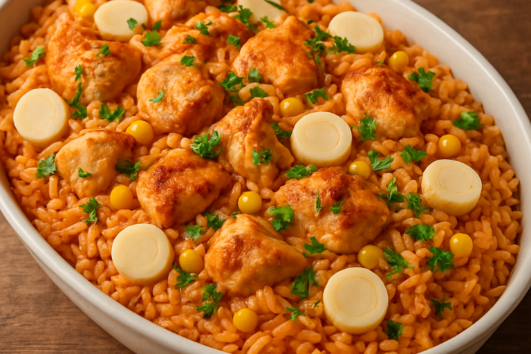 Arroz especial de frango com palmito e milho verde em travessa, finalizado com salsinha