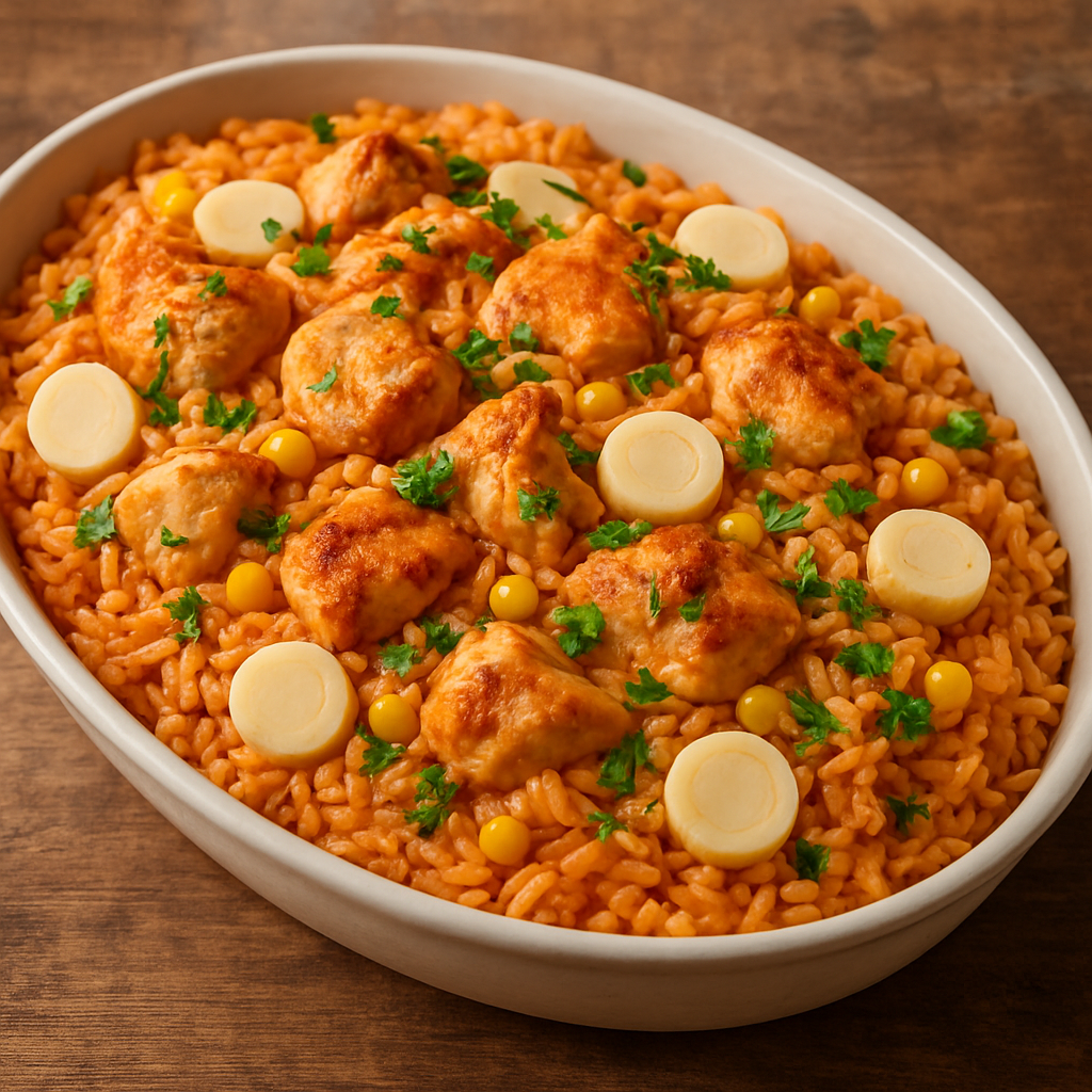 Arroz especial de frango com palmito e milho verde em travessa, finalizado com salsinha