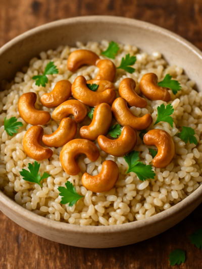 Arroz integral com castanhas soltinho em prato de cerâmica com salsinha fresca e castanhas tostadas