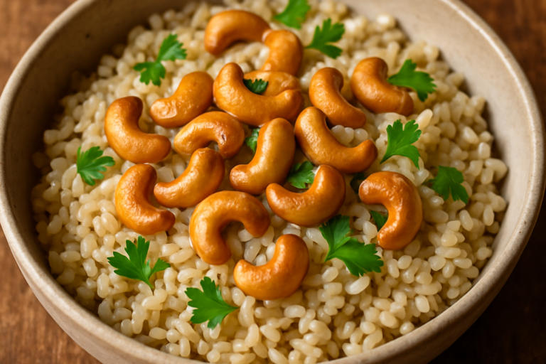 Arroz integral com castanhas soltinho em prato de cerâmica com salsinha fresca e castanhas tostadas