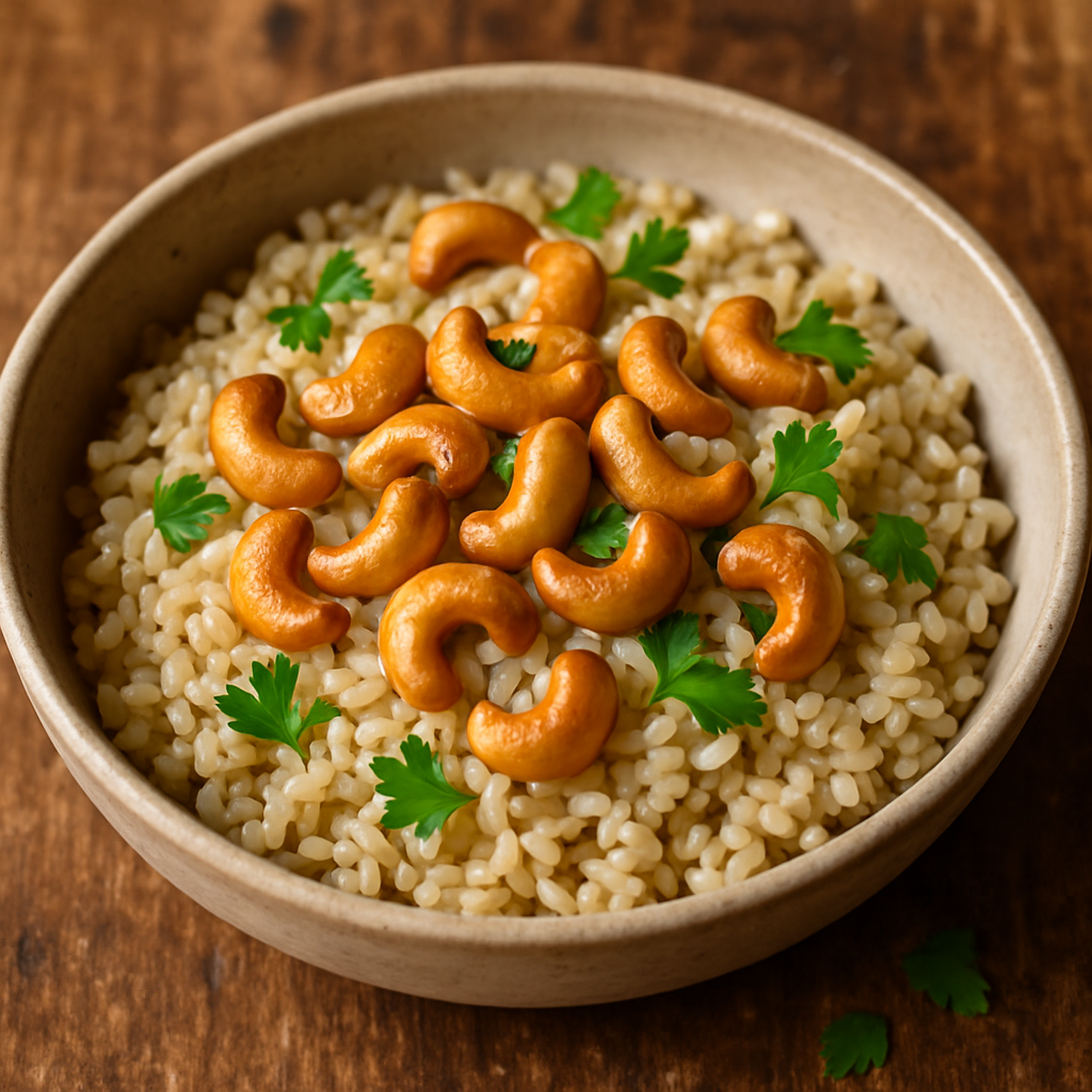 Arroz integral com castanhas soltinho em prato de cerâmica com salsinha fresca e castanhas tostadas