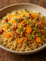 Arroz integral com damasco seco e nozes em prato de cerâmica, finalizado com raspas de laranja e tomilho fresco