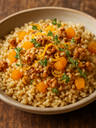 Arroz integral com damasco seco e nozes em prato de cerâmica, finalizado com raspas de laranja e tomilho fresco