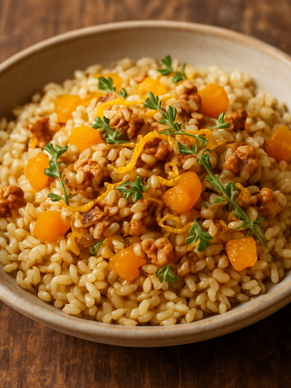 Arroz integral com damasco seco e nozes em prato de cerâmica, finalizado com raspas de laranja e tomilho fresco